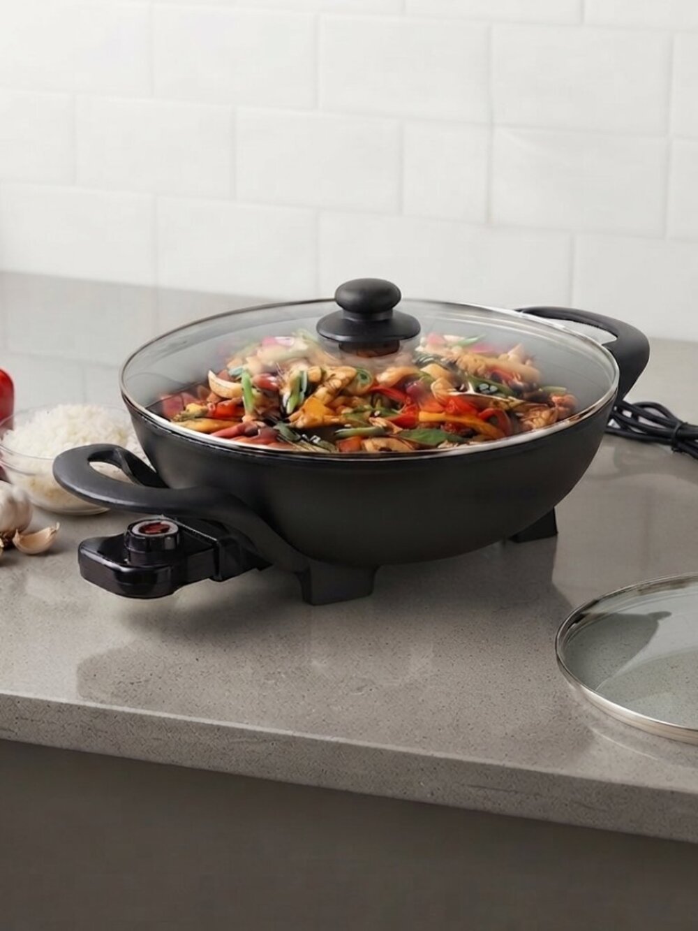 Electric Wok with Glass Vented Lid 13 inch Non Stick